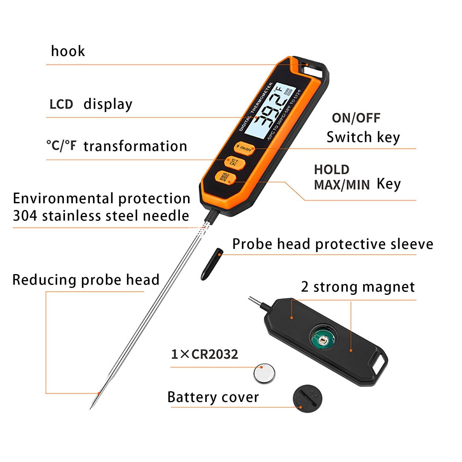 Digital Meat Thermometer Instant Read Food Thermometer Extra Long 5.3-Inch Probe Backlight Lock Function for Kitchen ... - Image 4
