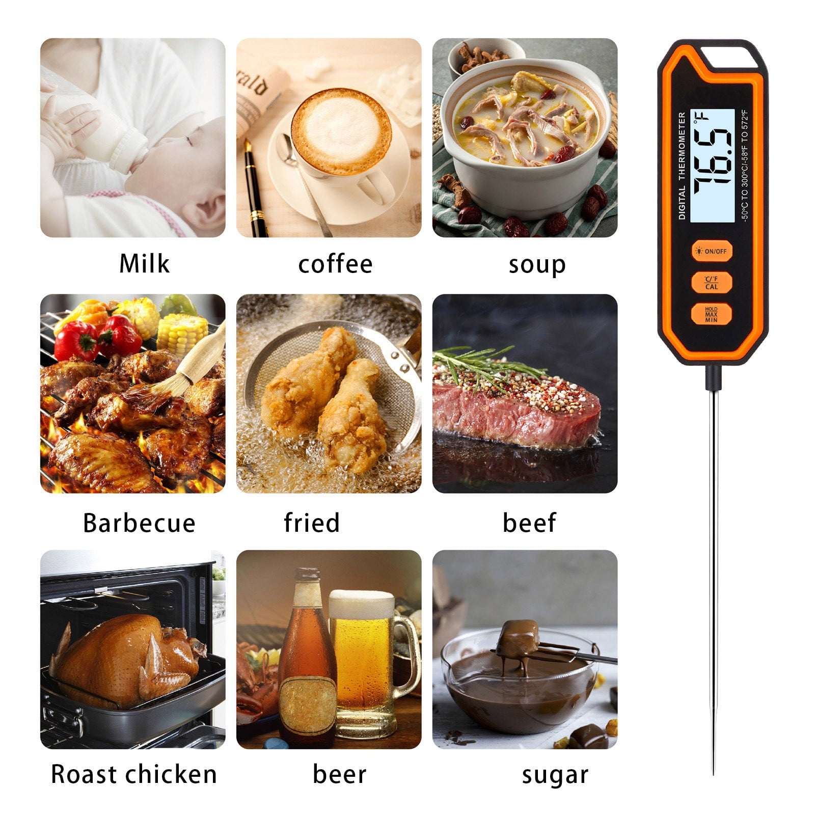 Digital Meat Thermometer Instant Read Food Thermometer Extra Long 5.3-Inch Probe Backlight Lock Function for Kitchen ... - Image 5
